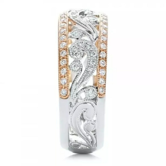 Two tone Silver & Rose Gold Filigree Wedding Band - Picture 4 of 5